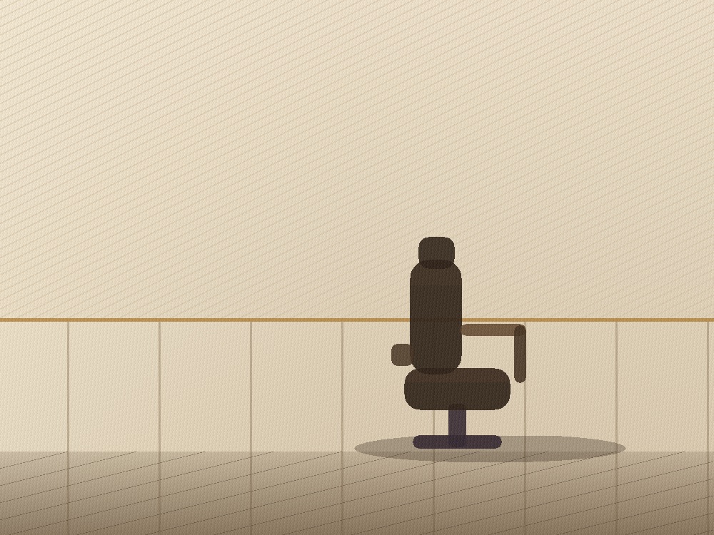 Illustration of the shop interior: striped wallpaper, a wooden chair rail, wainscot panelling, a plank floor and a barber chair in silhouette.